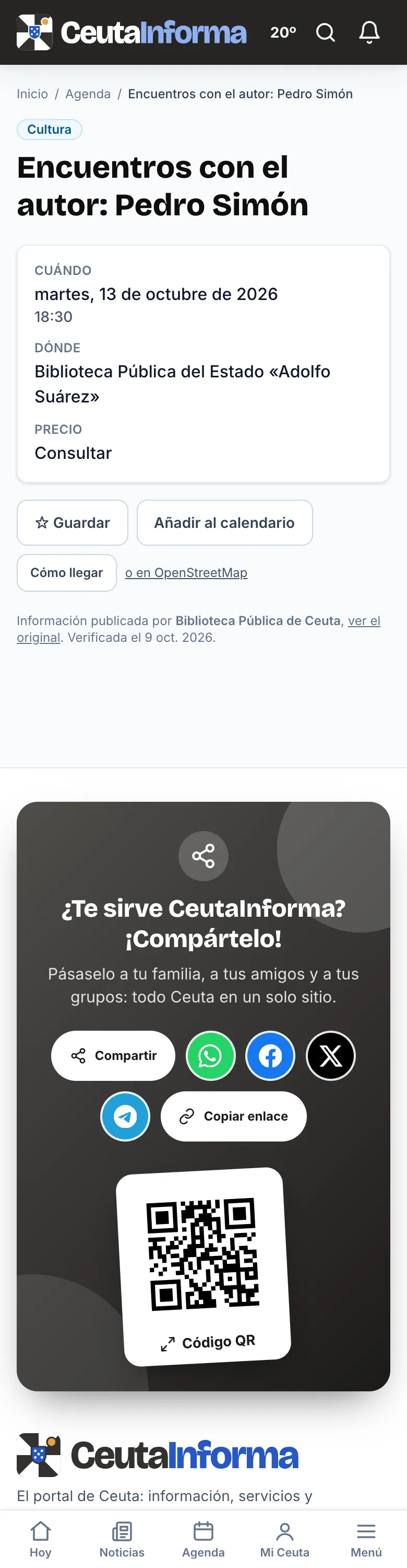 Ficha de un acto de la agenda con el botón «Añadir al calendario»