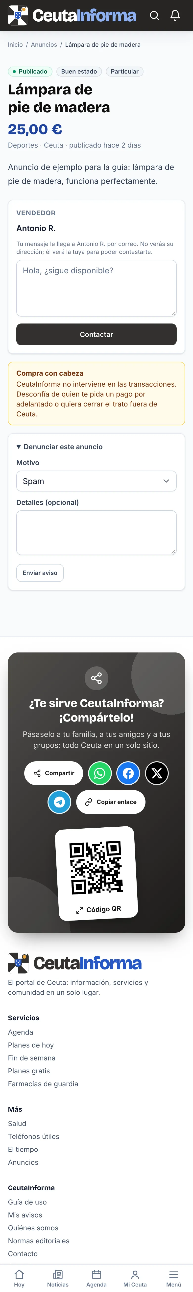 Un anuncio con el formulario para contactar y el de denunciar