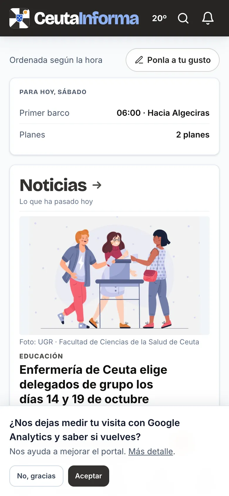 El aviso de cookies con «No, gracias» y «Aceptar»
