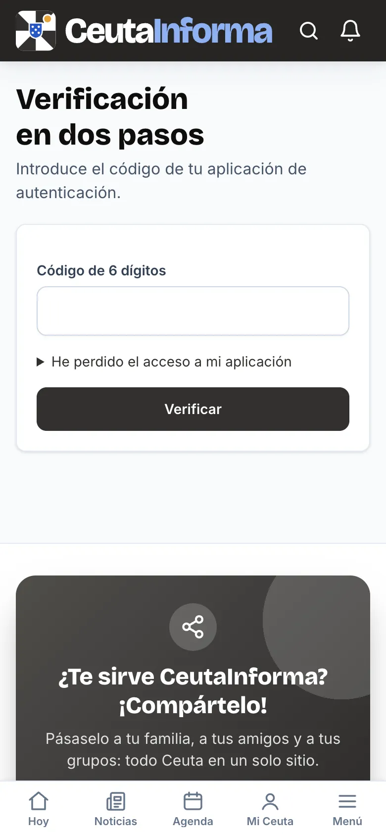 Pantalla que pide el código de 6 dígitos