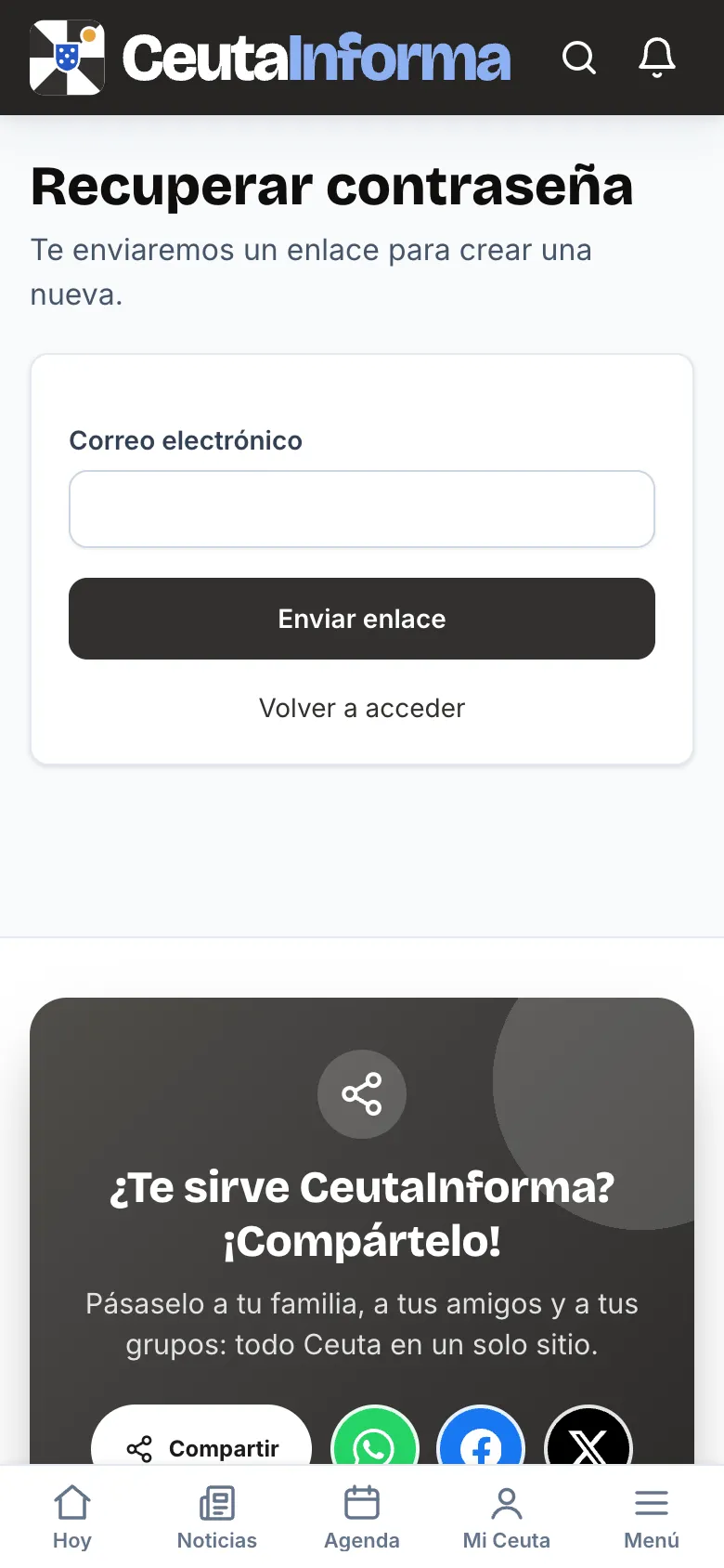 Pantalla para recuperar la contraseña