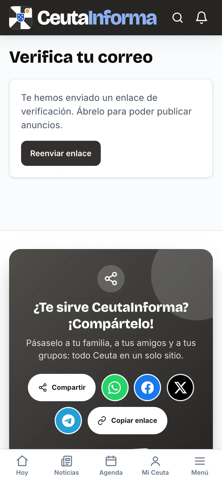 Pantalla «Verifica tu correo» con el botón «Reenviar enlace»