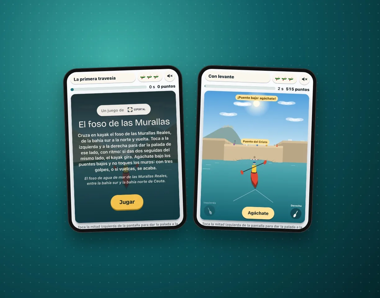 Dos pantallas del juego «El foso de las Murallas»: la portada y el kayak llegando al puente del Cristo con levante.