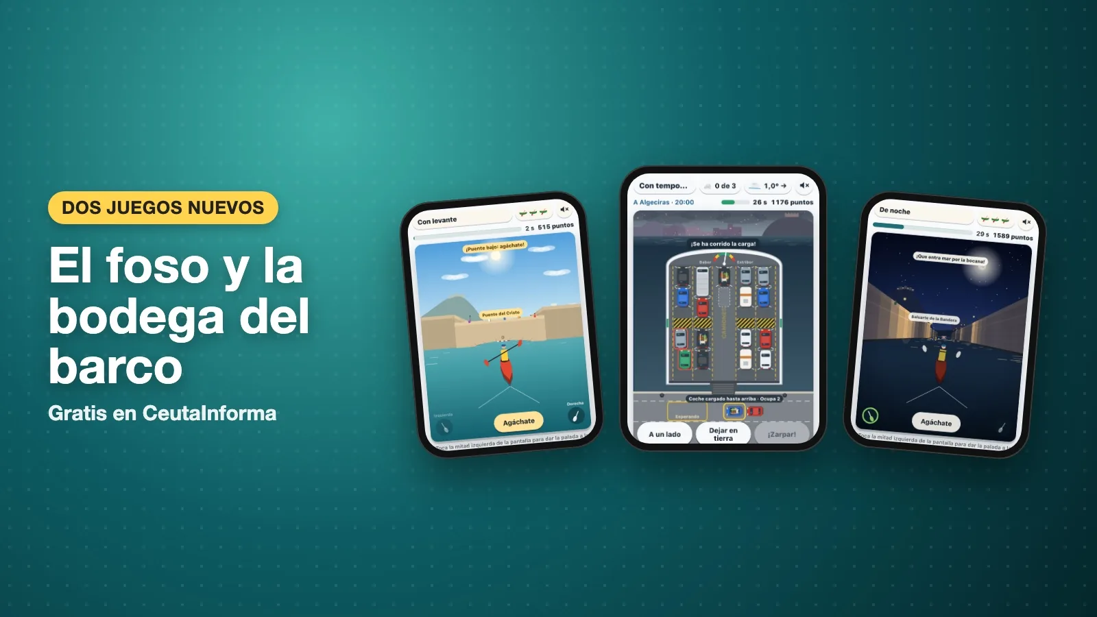 Tres pantallas de los juegos: un kayak bajo el puente del Cristo en el foso de las Murallas Reales, la bodega de un ferri con coches y el foso de noche.