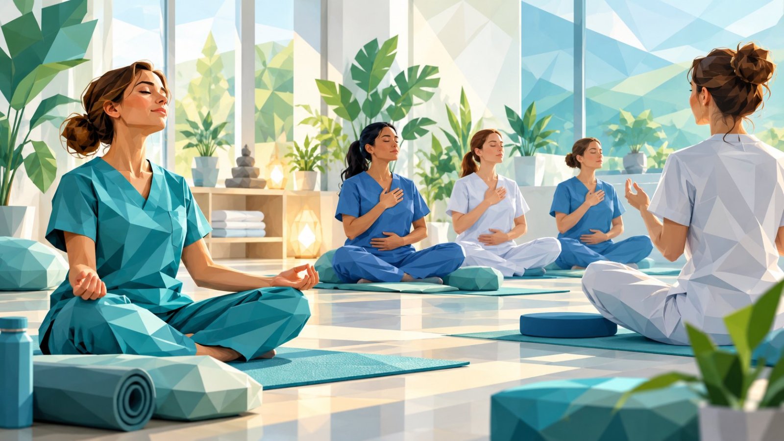 Varias personas en ropa sanitaria meditan sentadas en esterillas dentro de una sala luminosa con plantas.