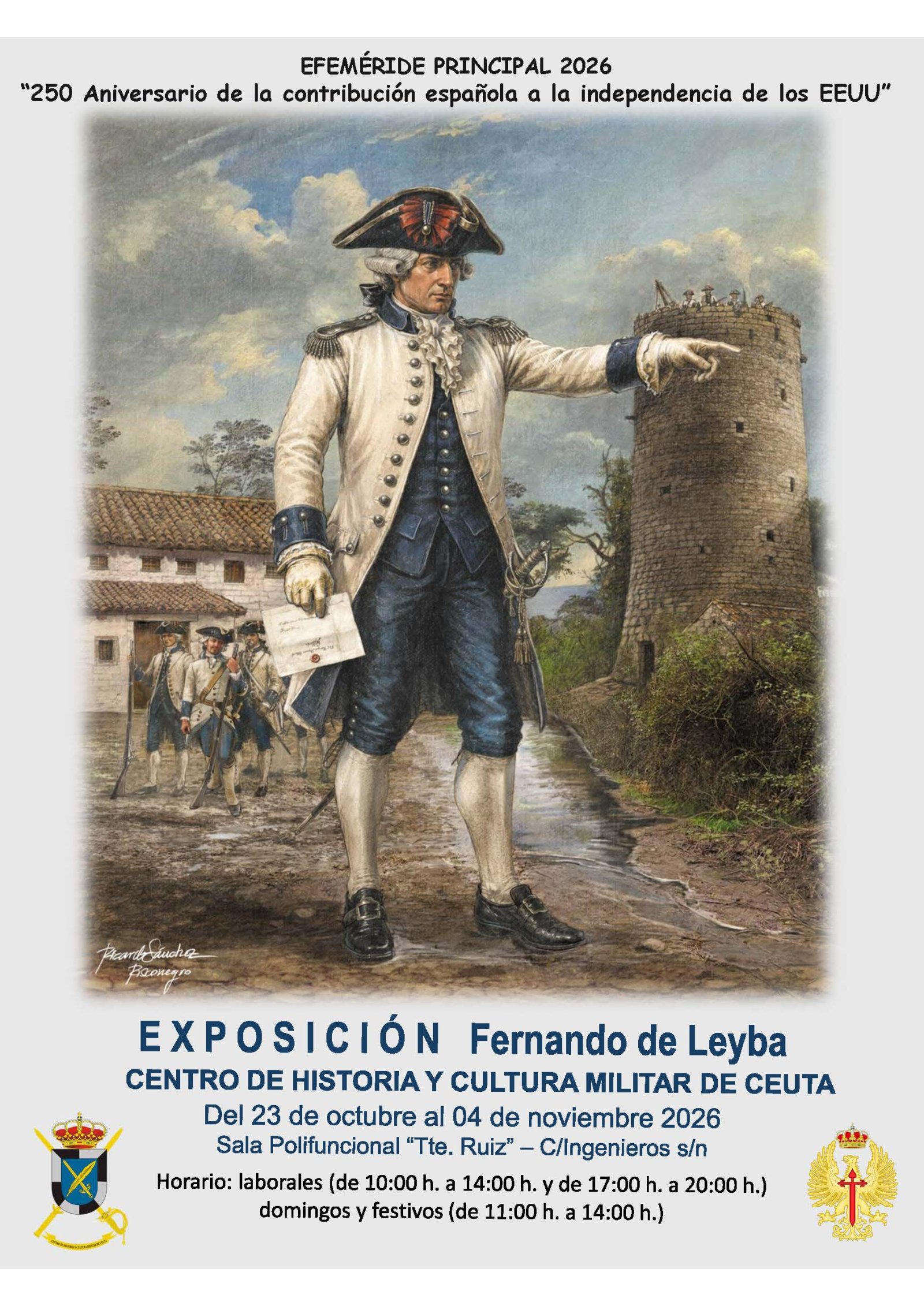 Cartel de una exposición con la ilustración de un militar de época señalando una torre de piedra.