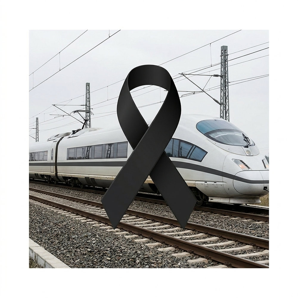Un tren blanco de alta velocidad sobre vías, con un gran lazo negro de luto superpuesto en el centro.